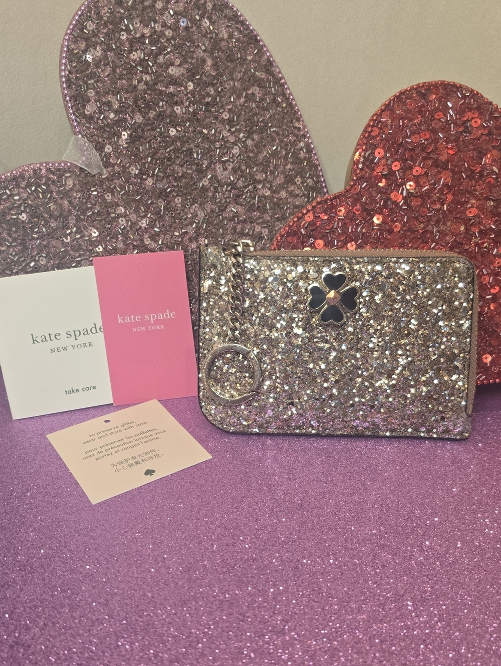 kate spade Rose Gold Glitter Card Wallet with Clover Charm